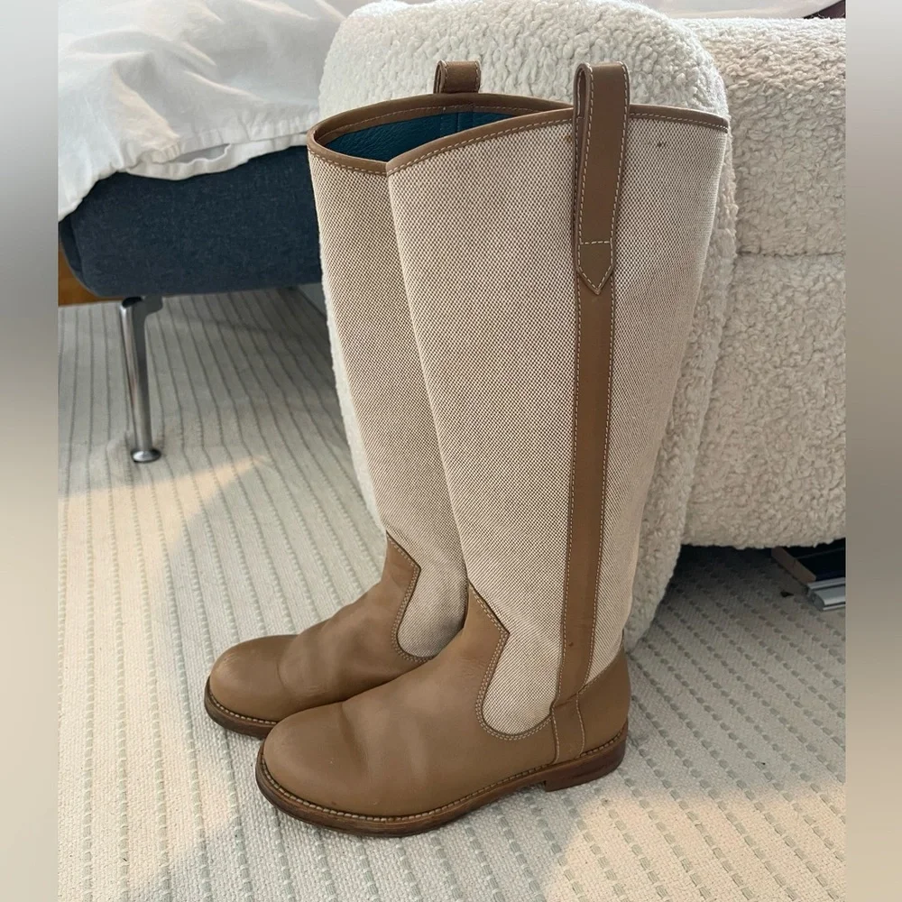 Marc Jacobs Tan Leather Cream Canvas Knee High Riding Boots - Picture 2 of 9